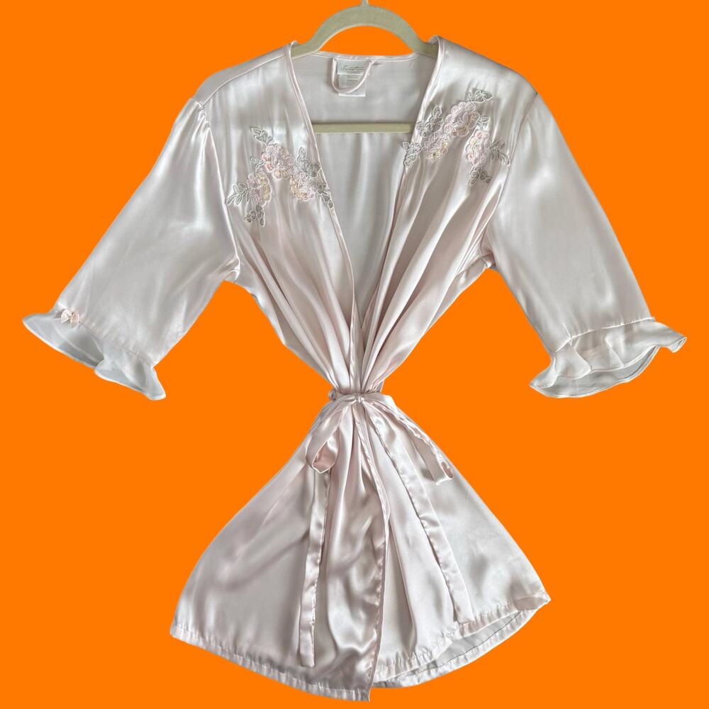 00's vintage baby pink satin floral coquette bridal y2k robe MEDIUM